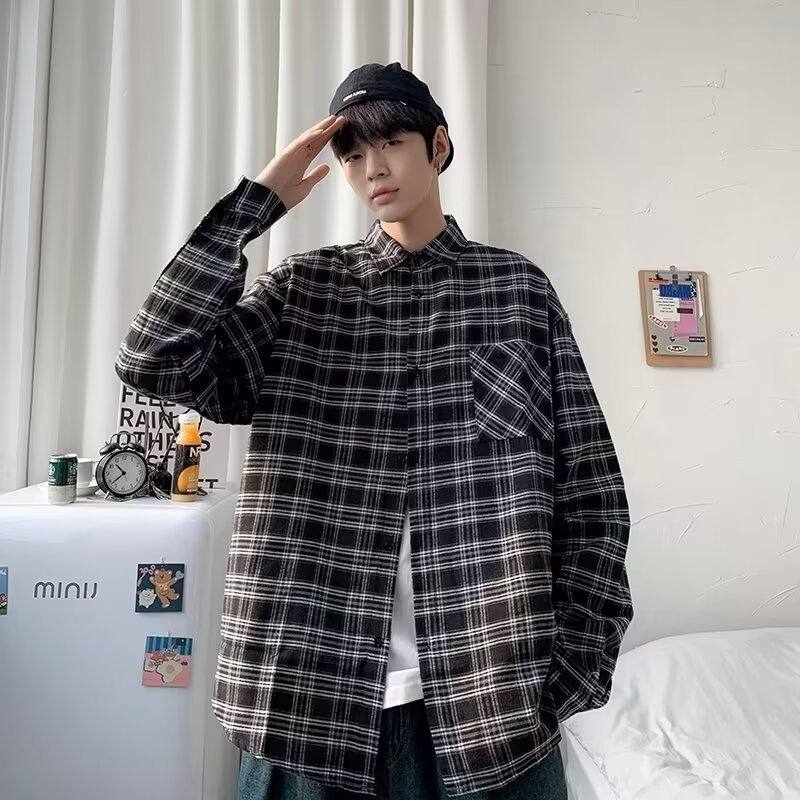 Men's Loose And Casual Black Plaid Long Sleeve Shirt