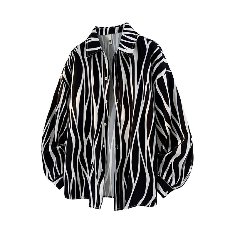 Mens Loose-fit Plus-size Striped Long-sleeve Shirt