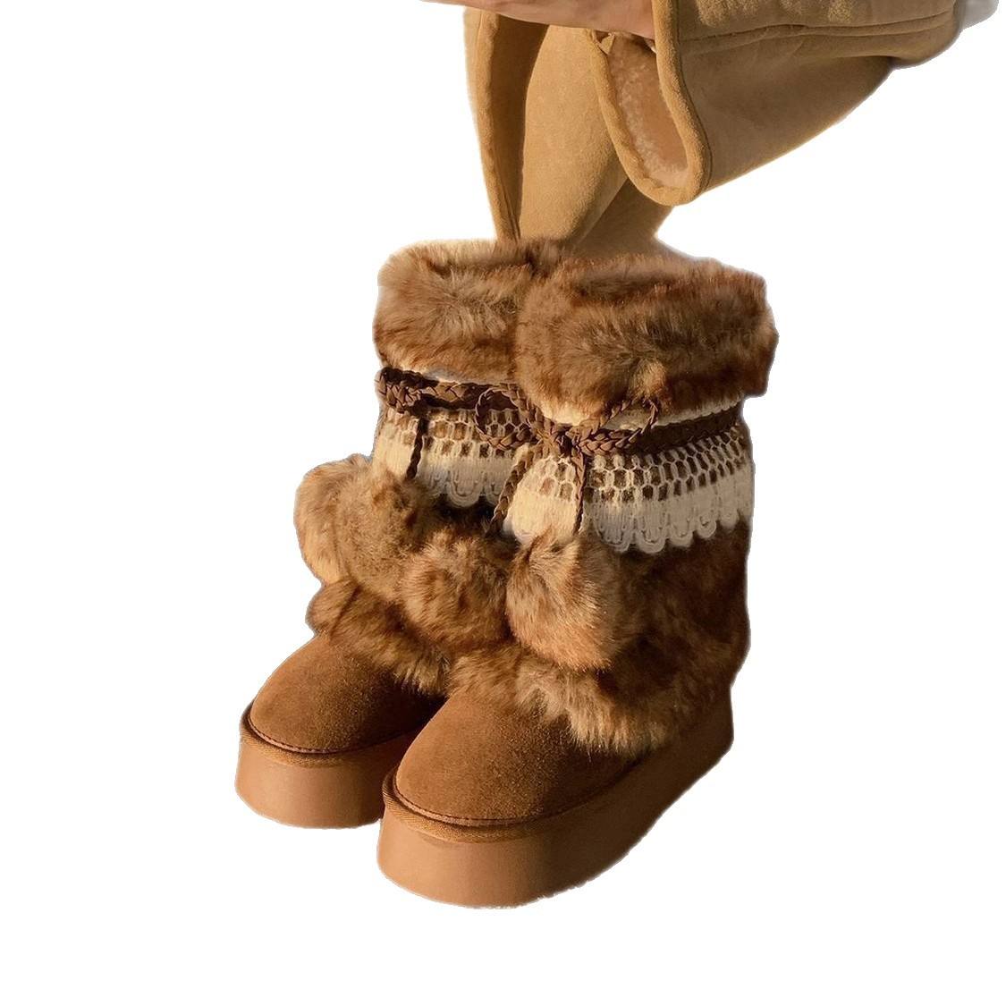 Retro Chunky Brown Boots With Fleece-lined Ankle Boots