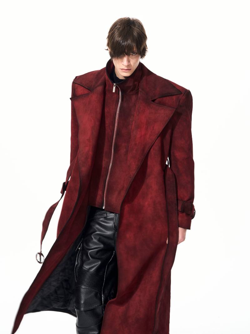 Mens Red Faux Two-Piece Suede-Look Padded Thicker Long-Style Wool Trench Coat