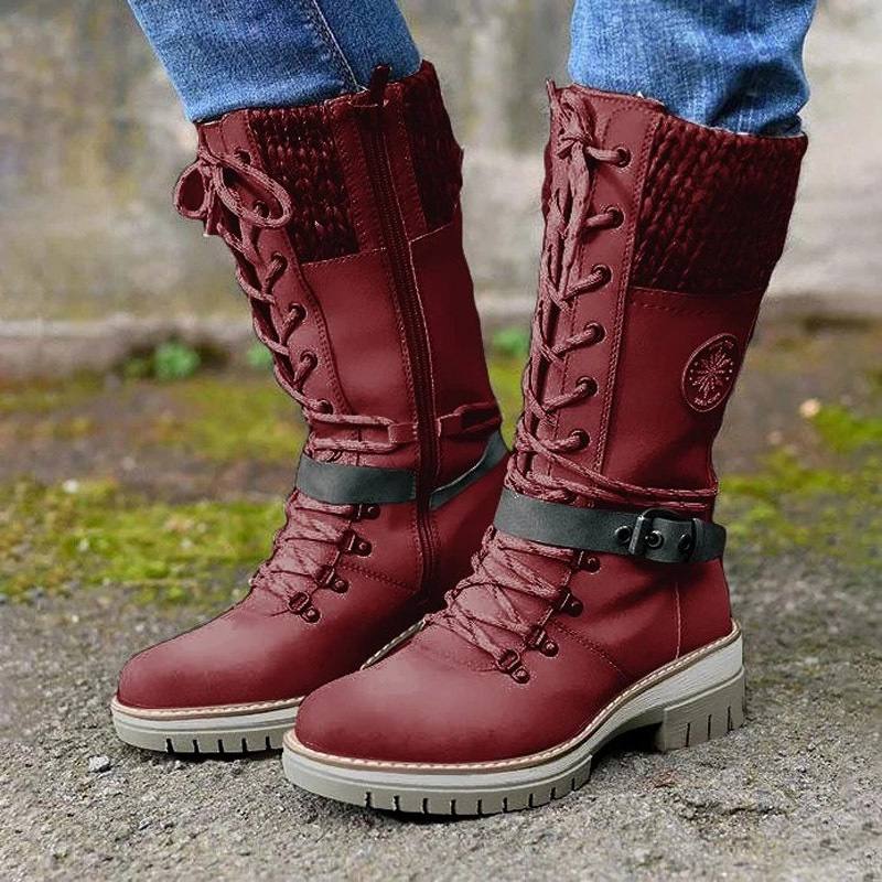 Round-toe Square-heel Leather-buckle Knit-mesh Dr Martens-style Boots