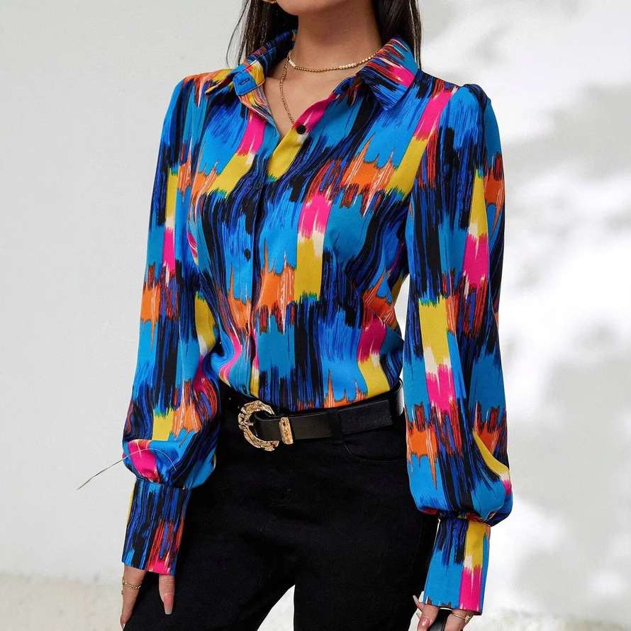 Womens Fashion Printed Lantern Sleeve Colorblock Loose Top
