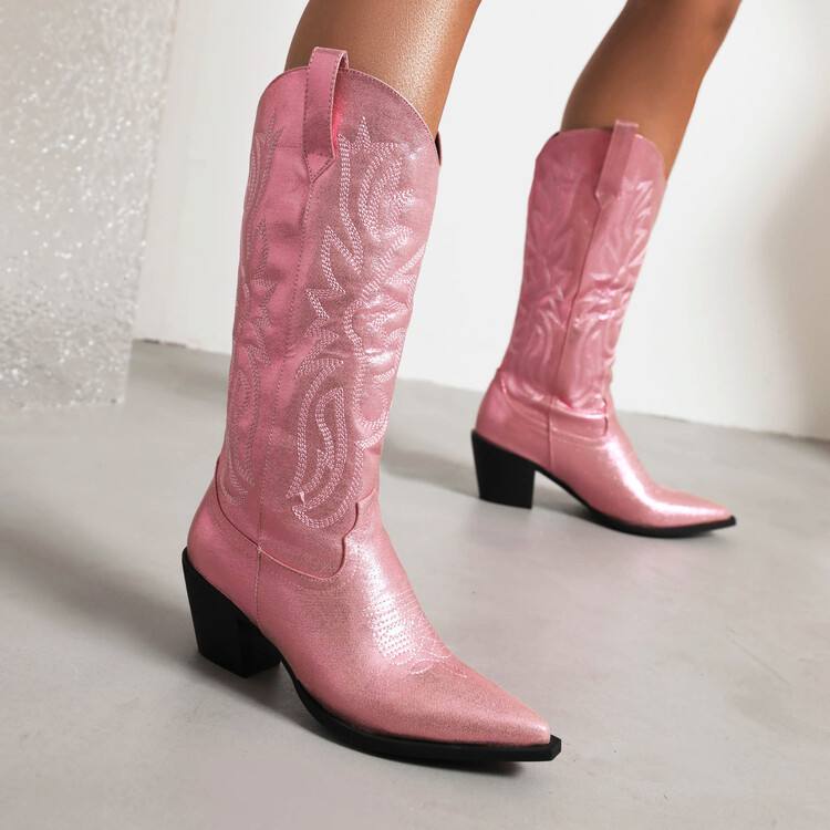 Tall Western-style Boots Adorned With Embroidered, Shimmering Fabric