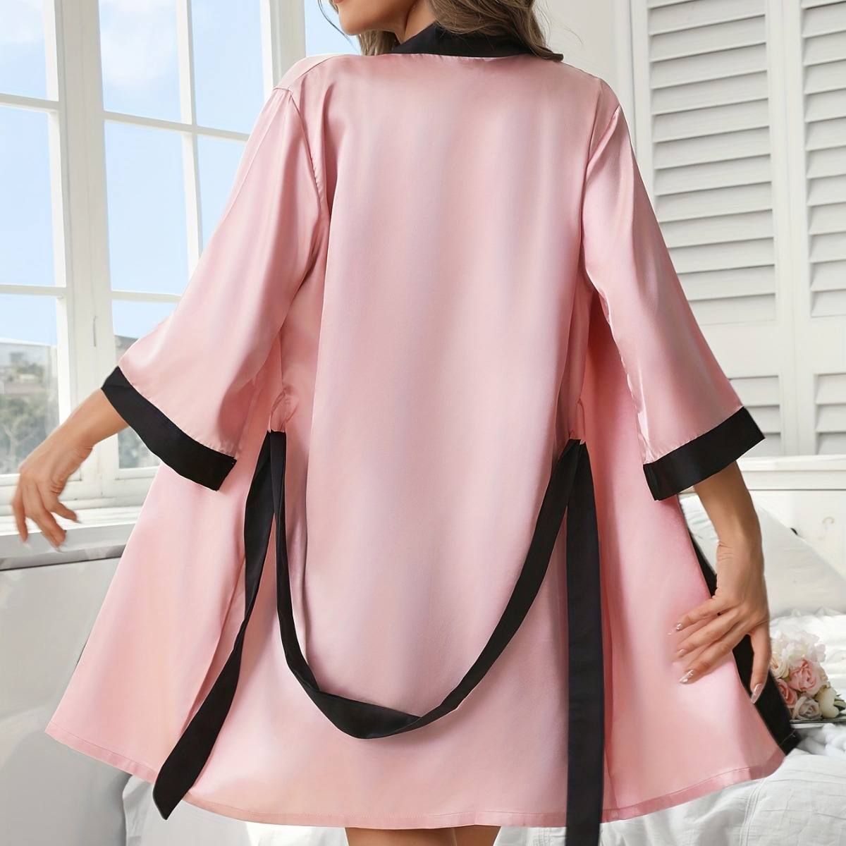 Womens Faux Silk Bathrobe And Pajama Two-Piece Set
