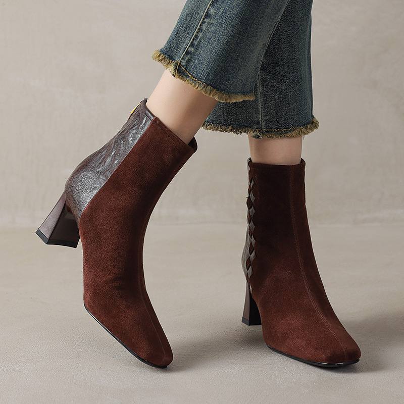 Womens Korean-style Square-toe Leather Chunky-heel Patchwork Ankle Boots
