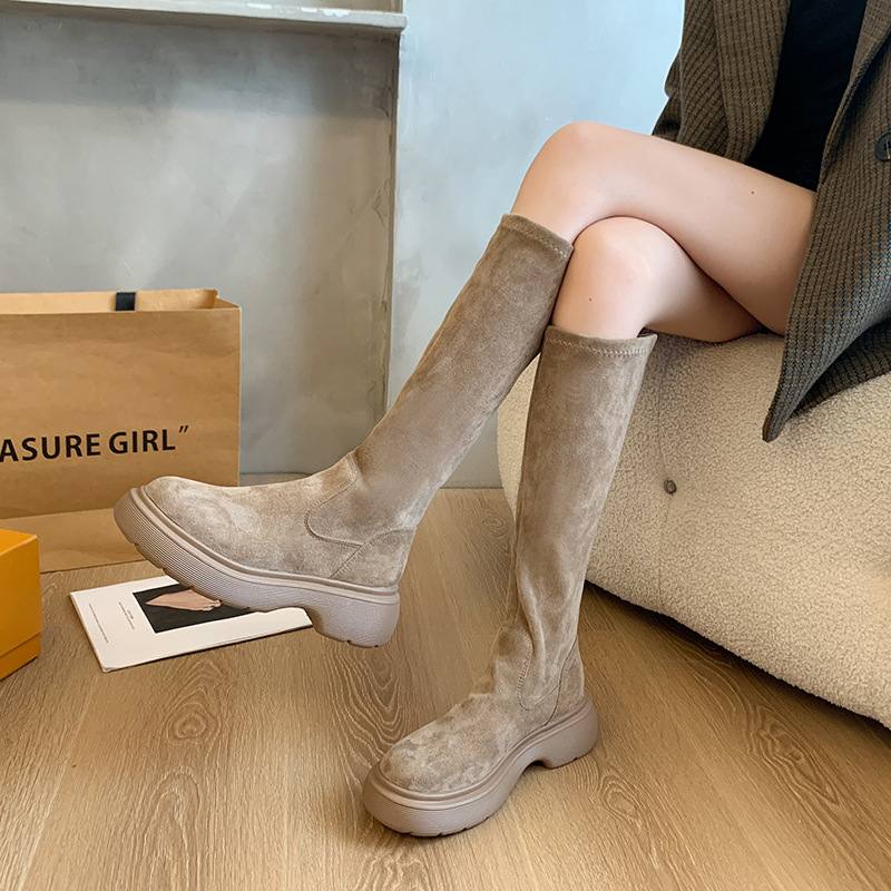 Womens Fashionable Round-toe Suede Chunky-soled Boots