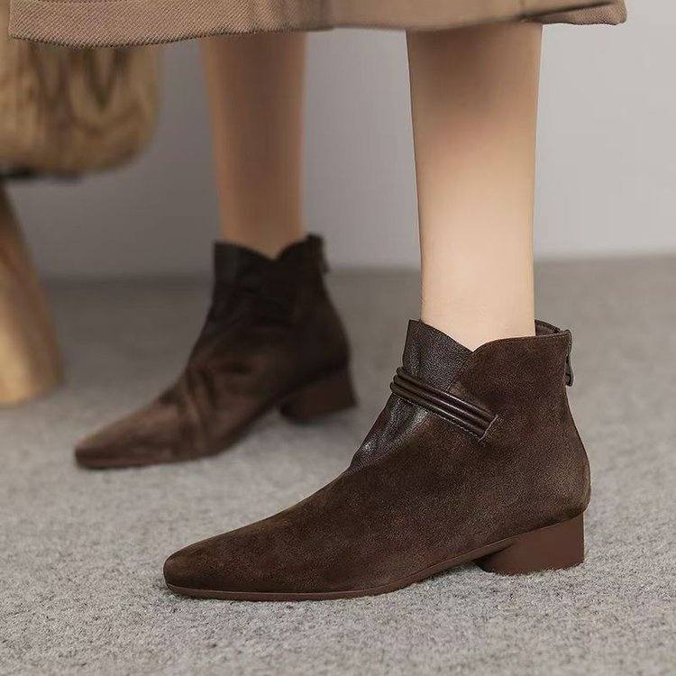 Retro Suede Pointed Toe Chunky Heel Ankle Boots