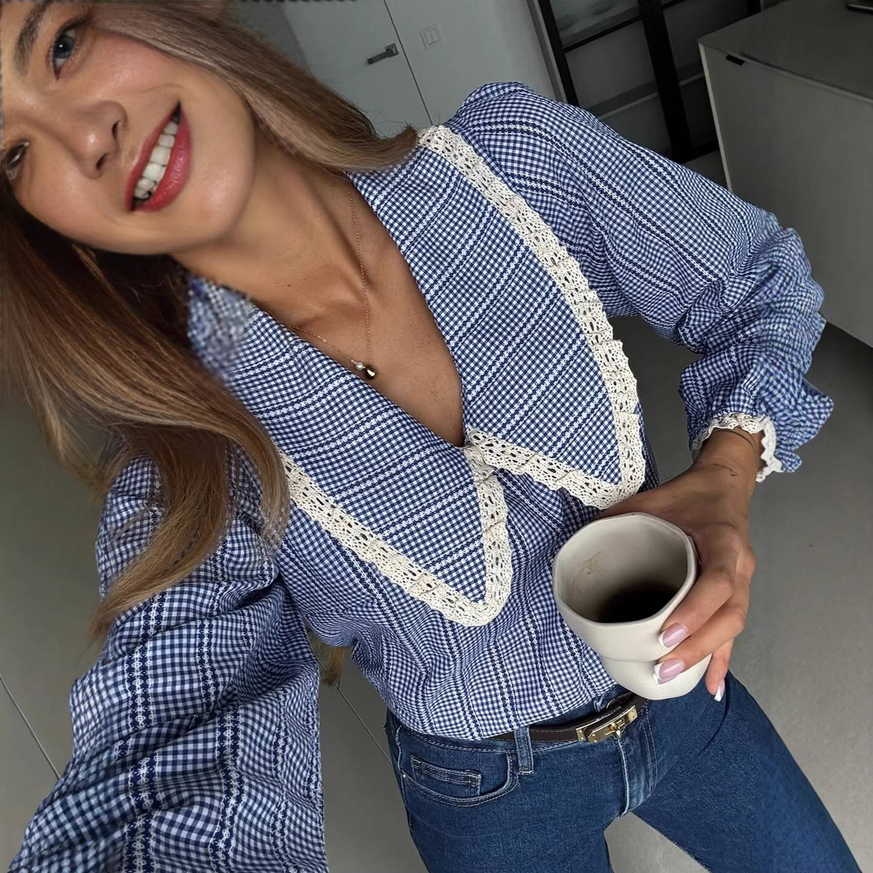 Loose Fitting Long Sleeve Shirt With Blue Plaid Lace Panels