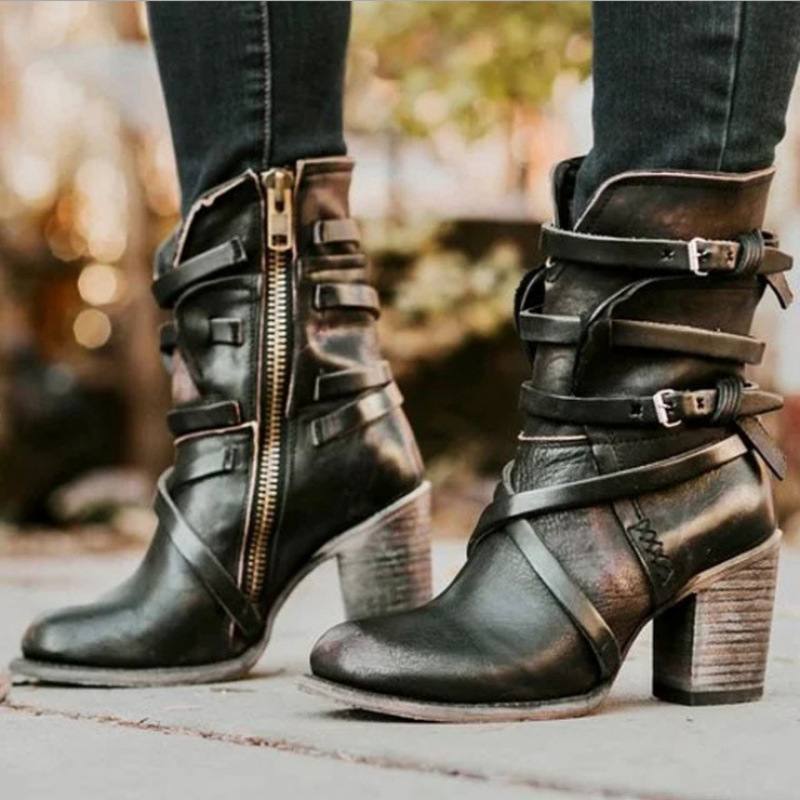 Womens Retro High-Heel Chunky-Heel Side Zipper Ankle Boots With Buckle Details