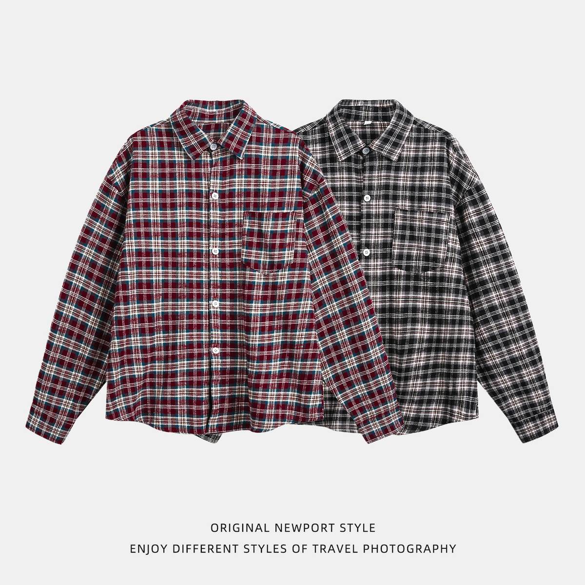 Mens American-Style Retro Color-Block Plaid Long-Sleeve Shirt