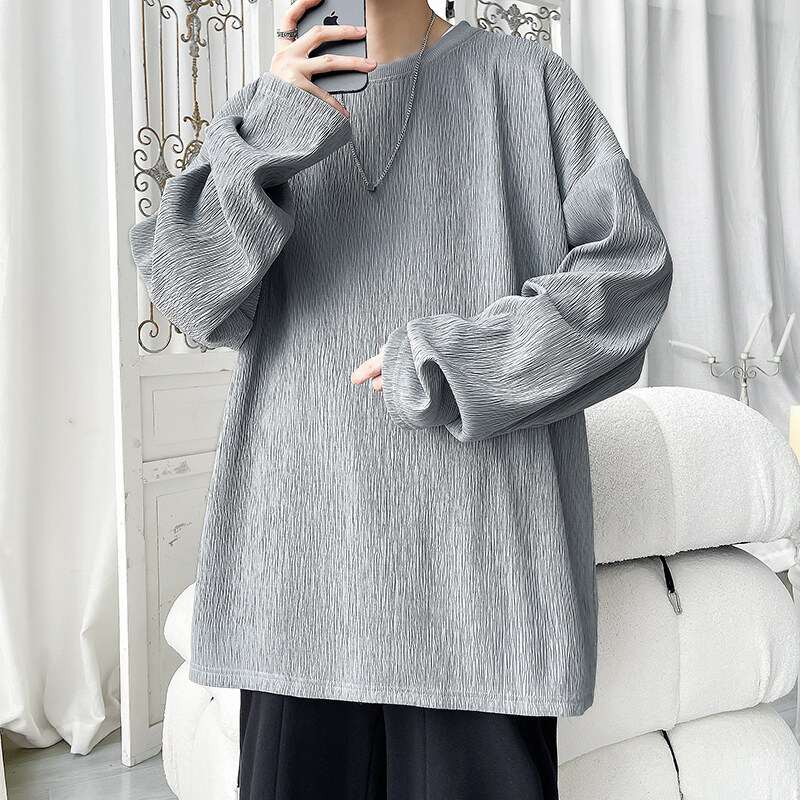 Crew-neck Long-sleeve T-shirt With A Simple Ruffled Design For Layering