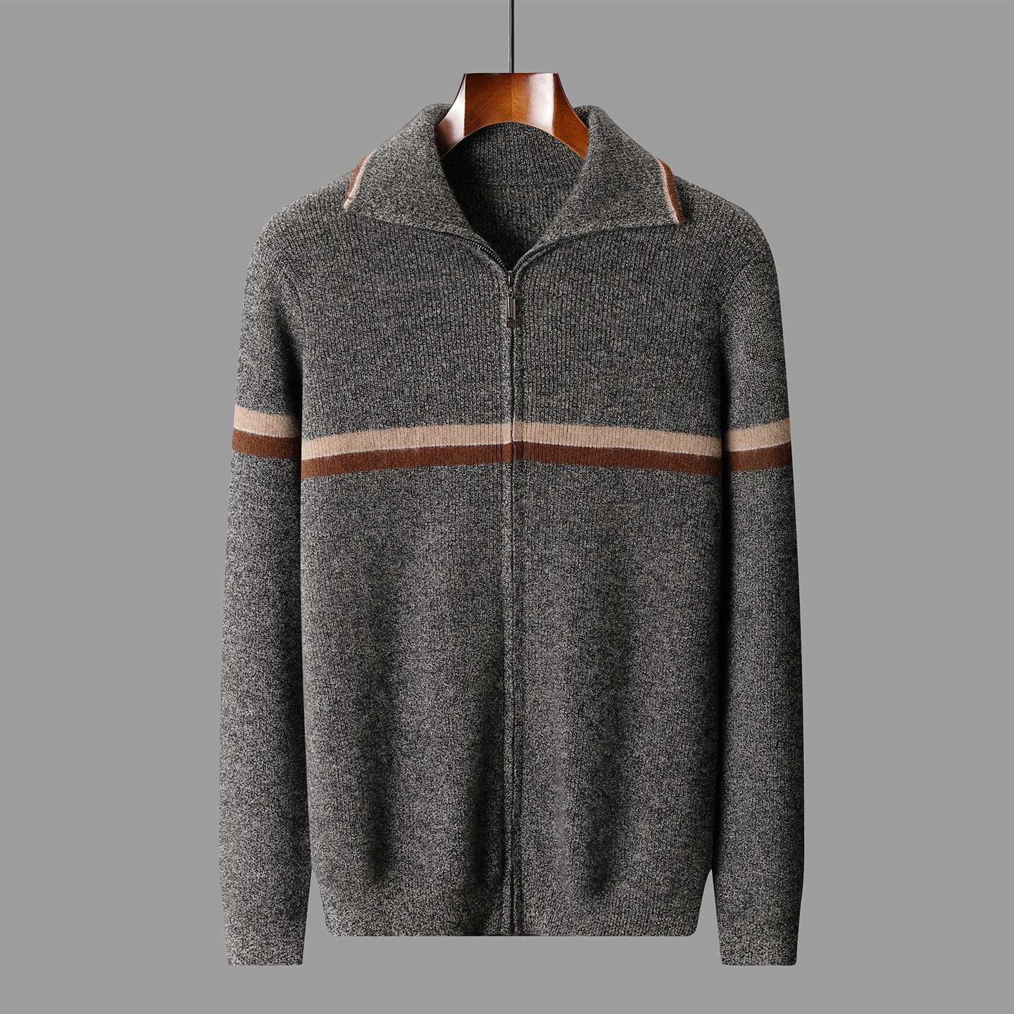 Mens High-Neck Ingot-Clasp Cardigan Sweater With Horizontal Stripes And Zipper Closure
