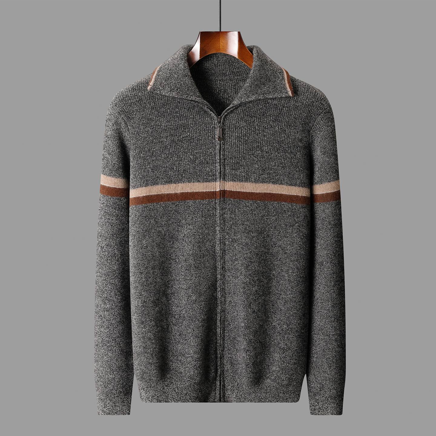 Mens High-Neck Ingot-Clasp Cardigan Sweater With Horizontal Stripes And Zipper Closure