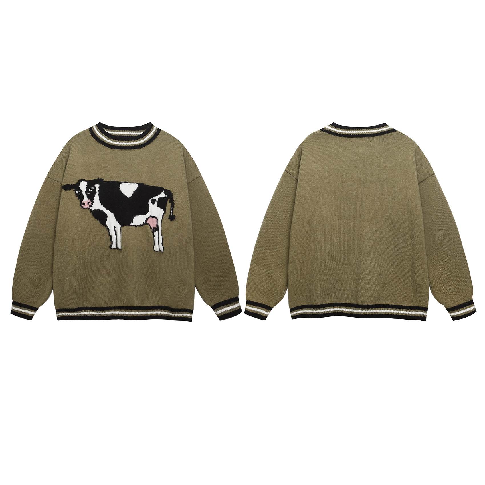 American-style Retro Cute Cow Crewneck Pullover Couple Sweater