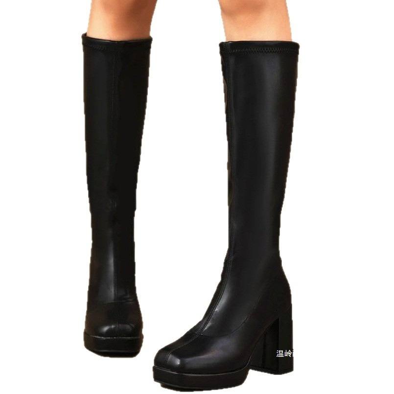 Chunky-Heeled Slimming Plus-Size Womens Leather Boots With Round Toes And Tall Shafts