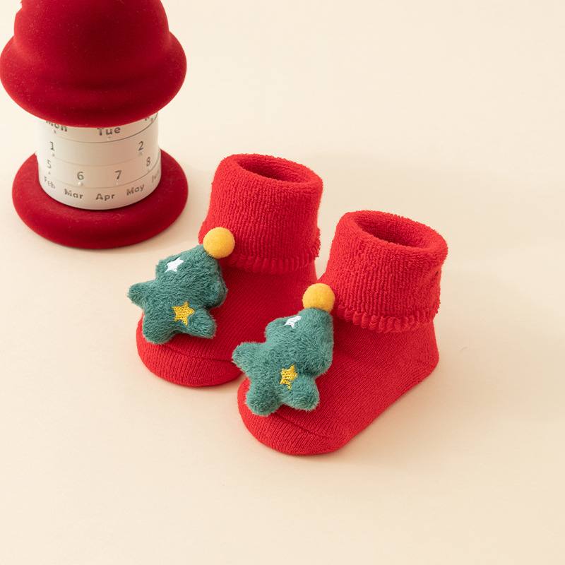 Babys Cozy Fleece-lined Thickened Pure-cotton Red Floor Socks For Fall And Winter