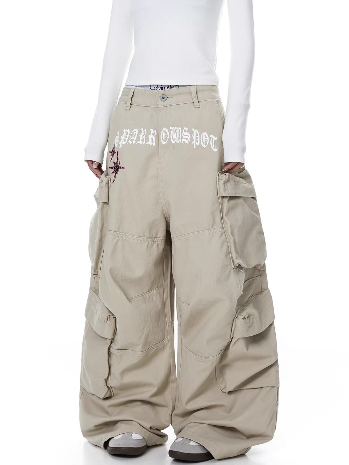 Womens American-style Deconstructed Letter-print Embroidered Multi-pocket Utility Pants