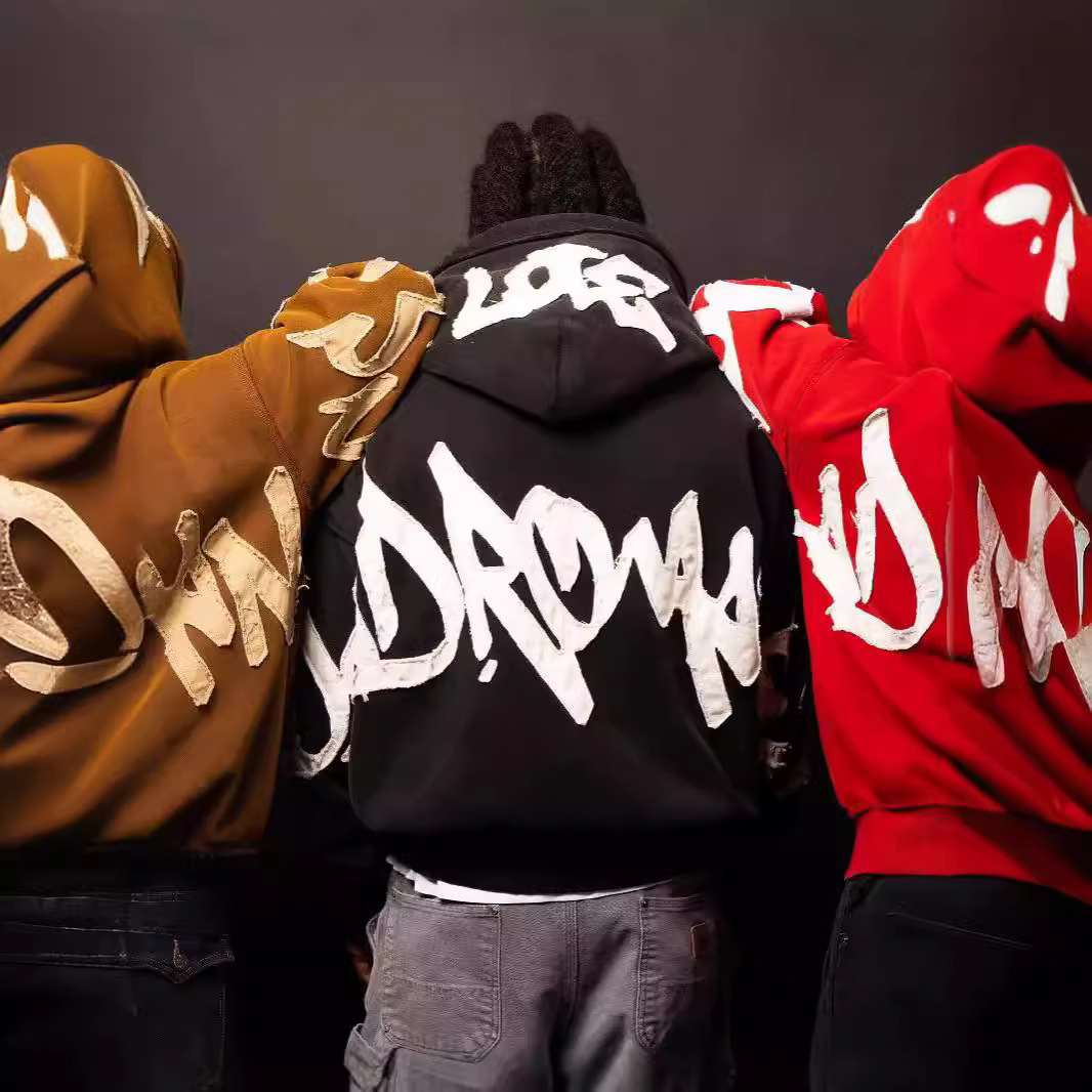 Hooded 3D Letter Print Loose Zip-Up Sweatshirt