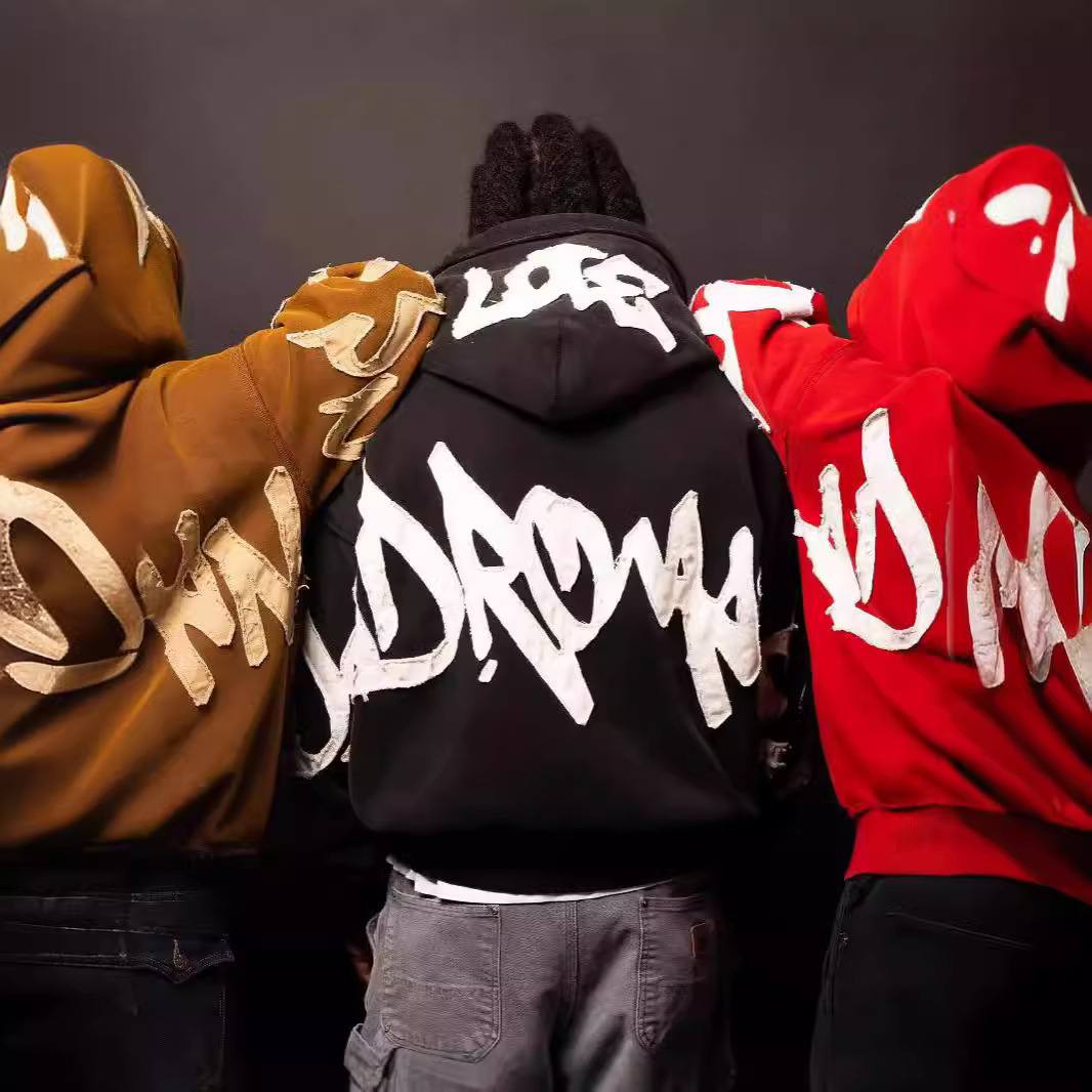 Hooded 3D Letter Print Loose Zip-Up Sweatshirt