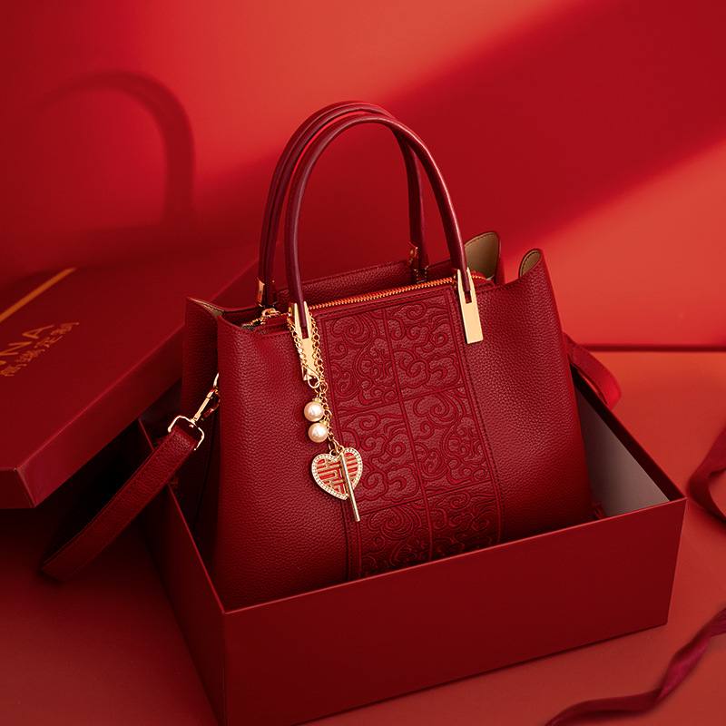Embroidered Red High-Capacity Tote Bag