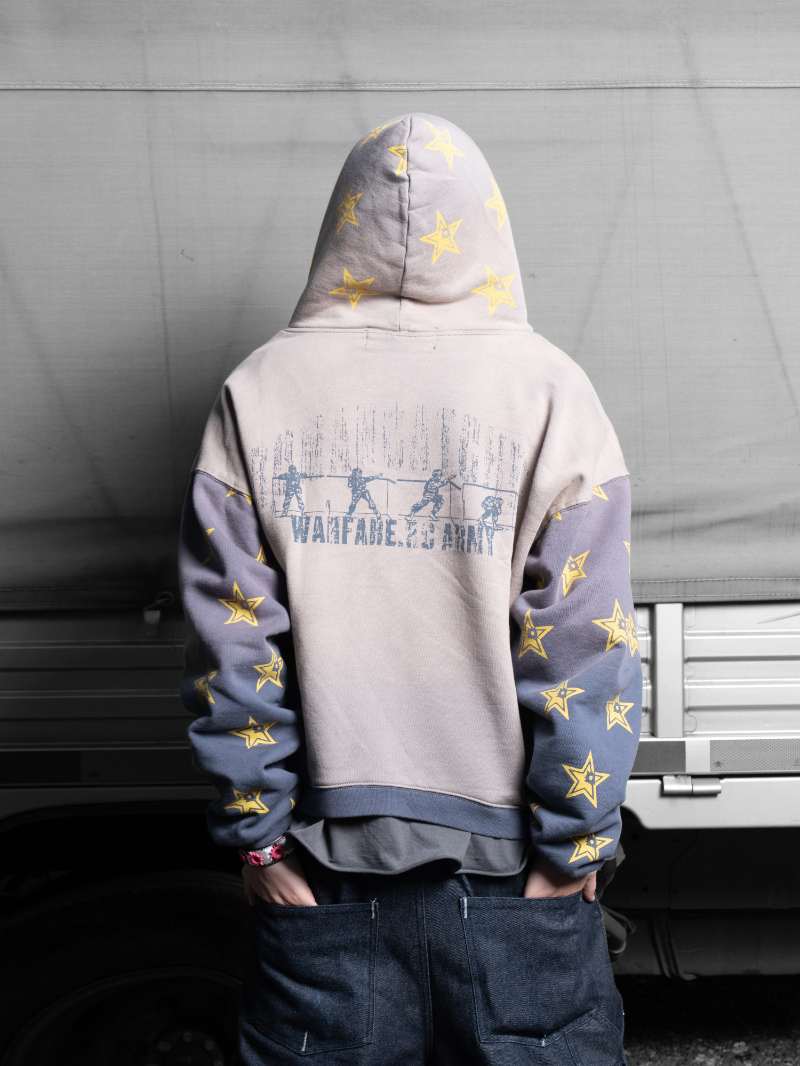 Bullet-hole Star Patchwork Hooded Sweatshirt With A Washed Vintage Finish