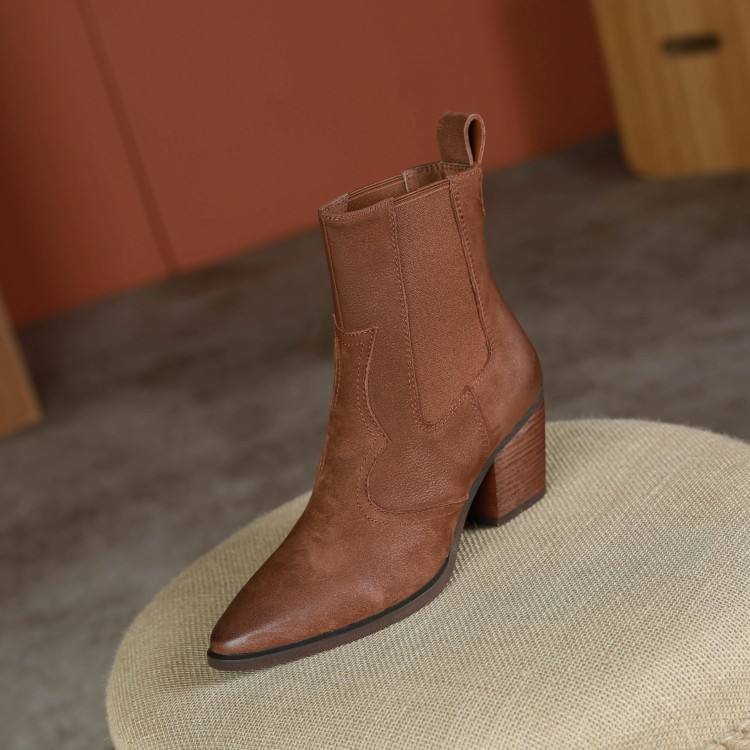 Womens Retro Pointed-toe Ankle Boots With Elastic Band And Chunky Heel