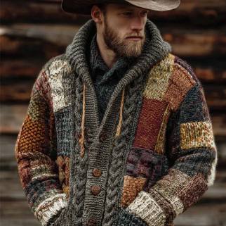 Printed Abstract Mid-Length Cape Jacket Casual Mens Cardigan