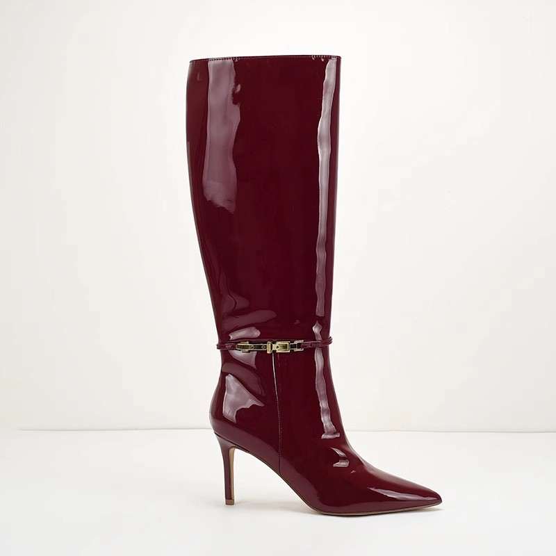 Stiletto-heeled Leather Belt-buckle Zip Thigh-high Boots For Women