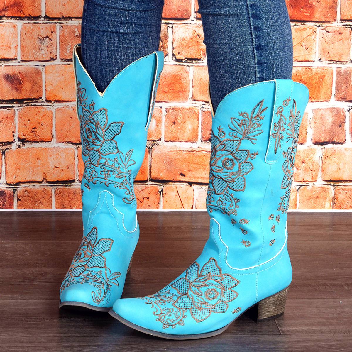 Womens Mid-Calf Boots With Embroidery Ethnic Style And A Comfortable Mid-Heel