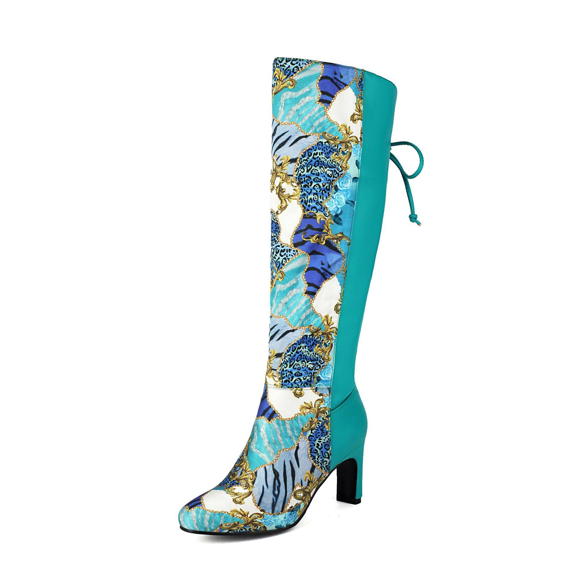 Womens Floral Patchwork Bowknot Chunky Heel Over-the-Knee Boots