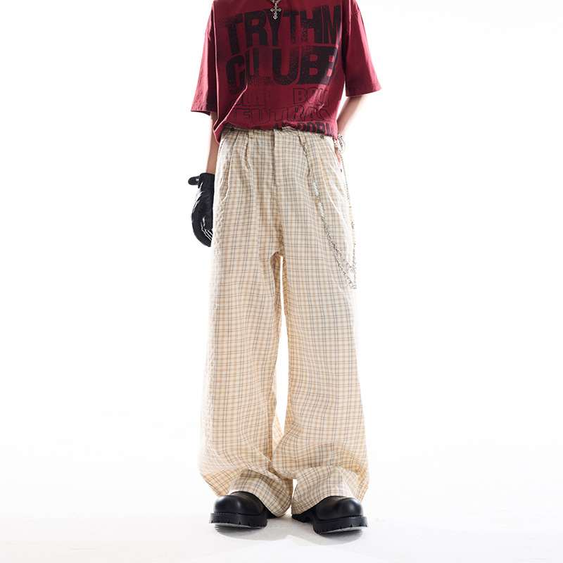 Brown Plaid Casual Wide-Leg Pants Womens
