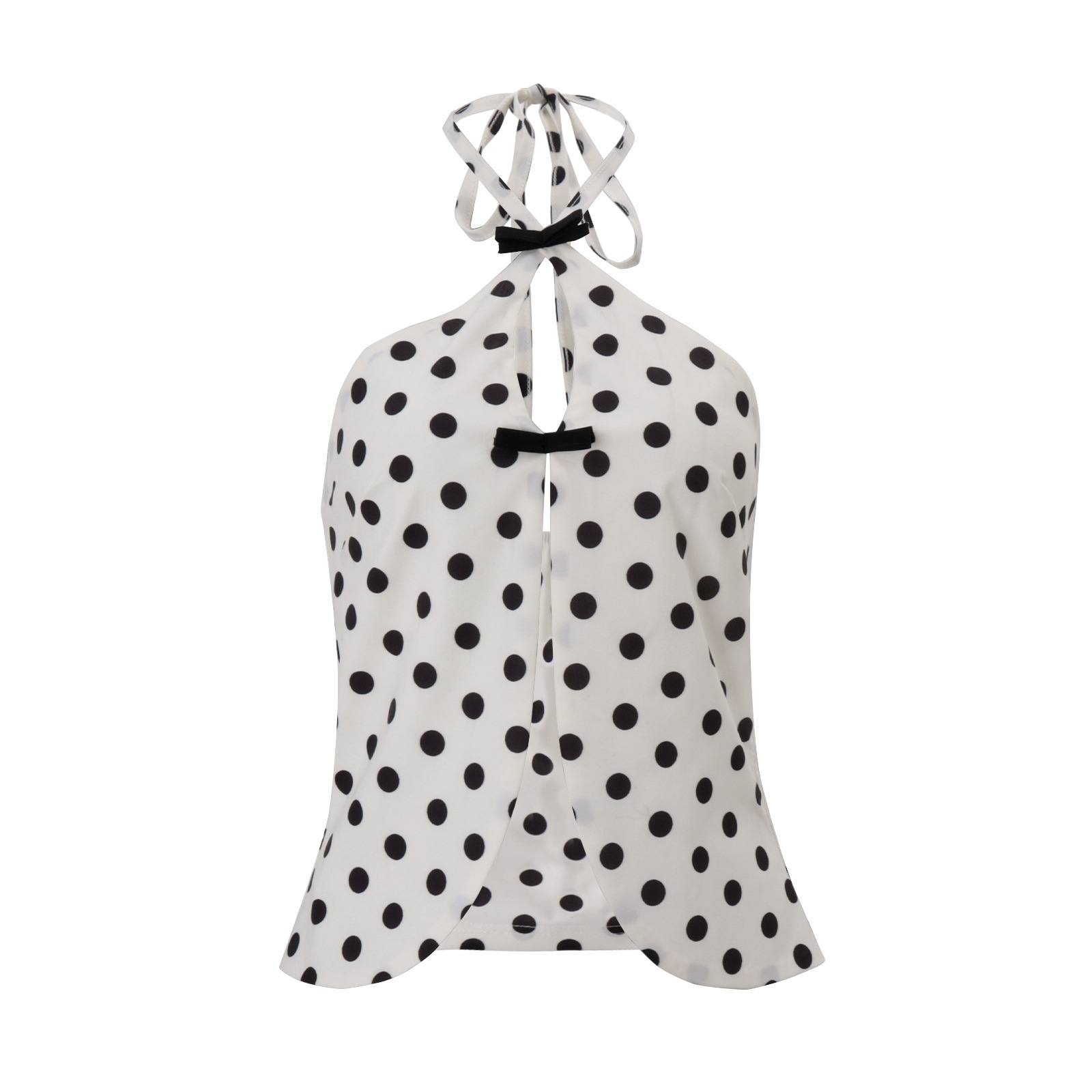 Womens Off-Shoulder Streetwear Y2K Polka-Dot Midriff-Baring Halterneck Tank Top