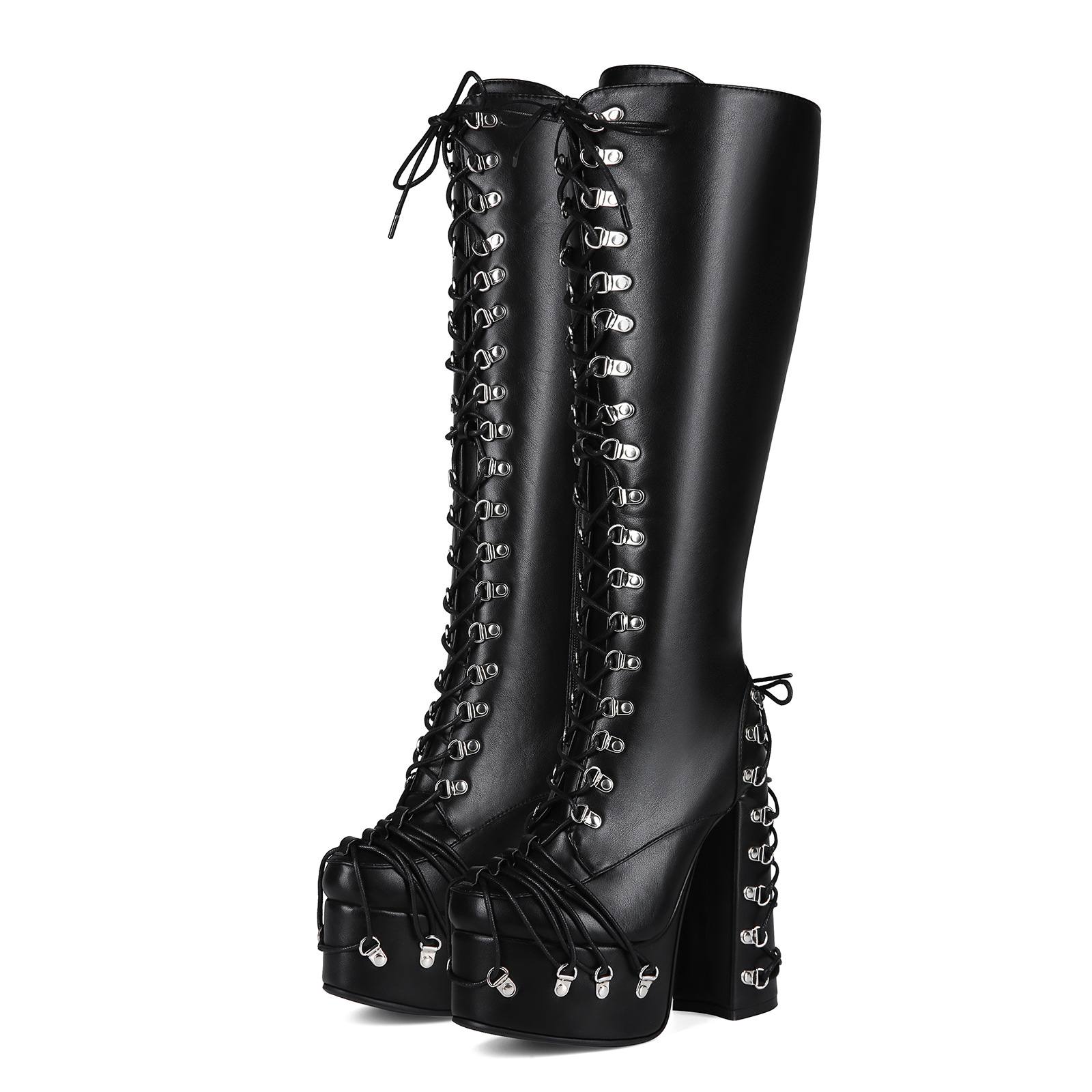 Strap-buckle Punk Goth Chunky High-heeled Plus-size Knee-high Boots