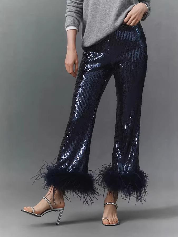 Sequin Fringed Low Rise Slim Fit Pants