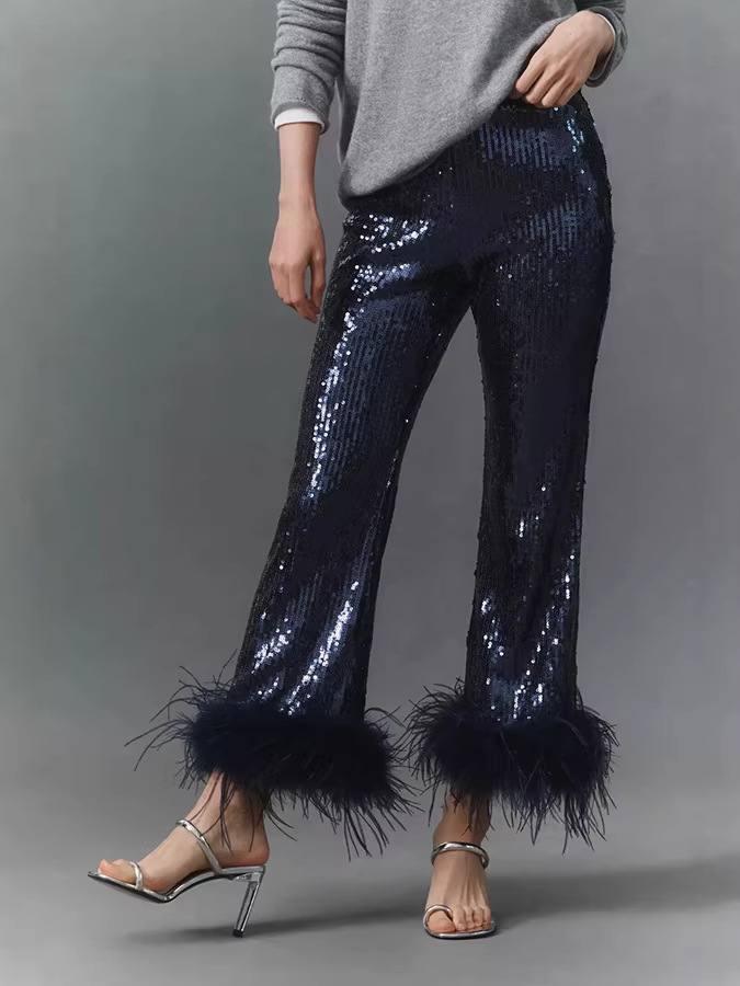 Sequin Fringed Low Rise Slim Fit Pants