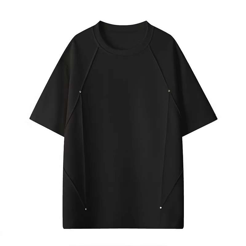 Retro Rivet Patchwork Design, Loose-fit Short Sleeves