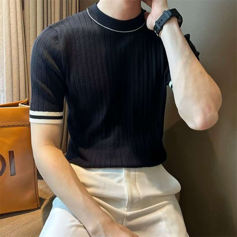 Men's Short-Sleeve Ice Silk Knit Shirt Crew-Neck Slim-Fit Sweater