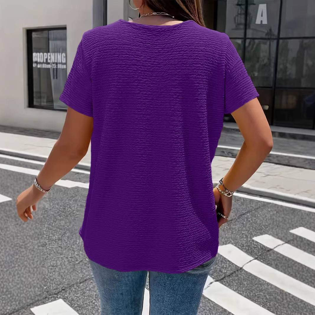 Pleated Fabric Solid-color Faux-button Doll-collar Top T-shirt