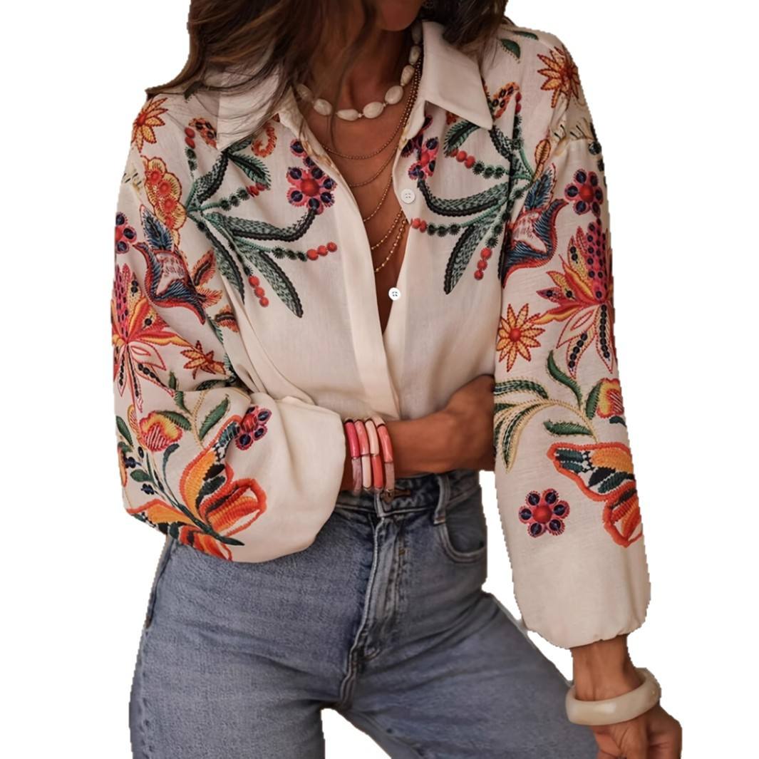 SpringSummer New Loose-Fit Long-Sleeve Digital Print Shirt
