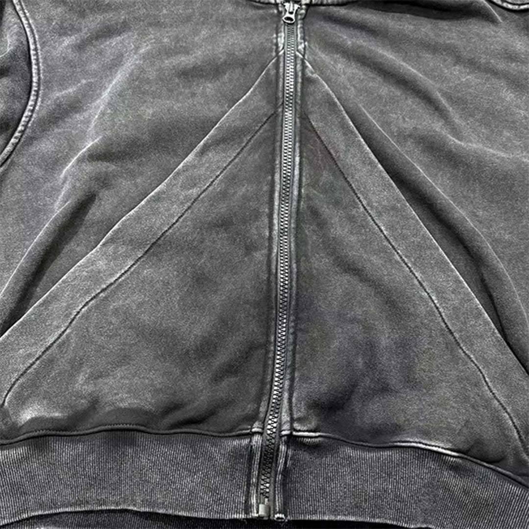 American-style Vintage Washed-and-distressed Cardigan Zip-up Hoodie
