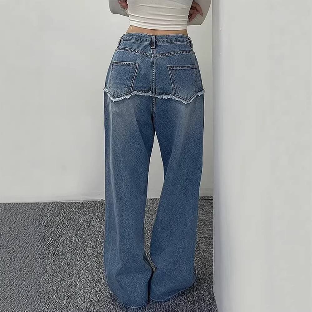 Drawstring-attached Patchwork-design Relaxed-fit Raw-hem Wide-leg Pants