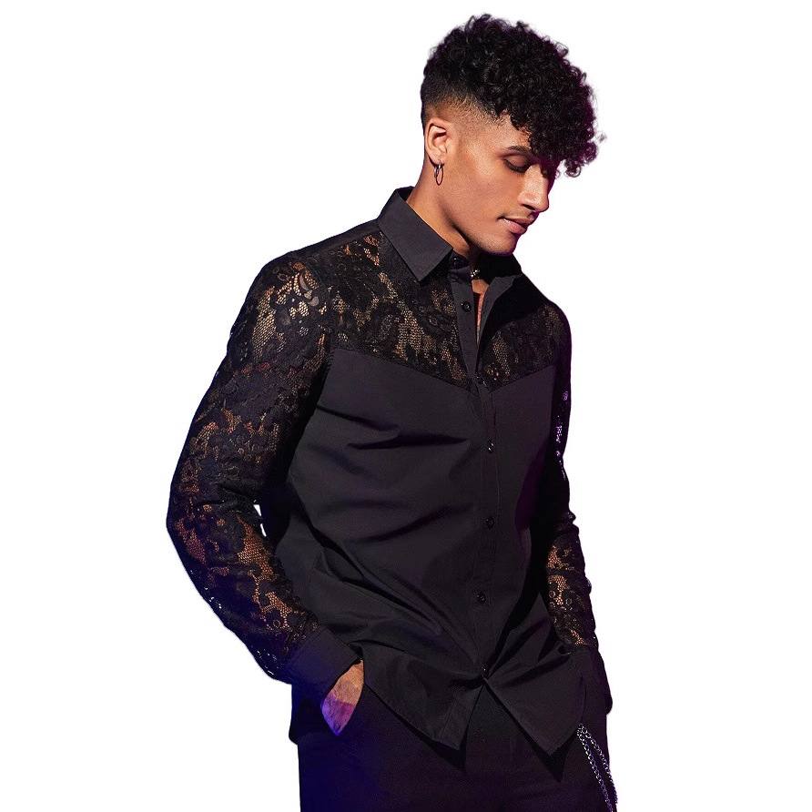 Men's New Lace-Patchwork Long-Sleeve Shirt Sexy Fashionable Statement Top