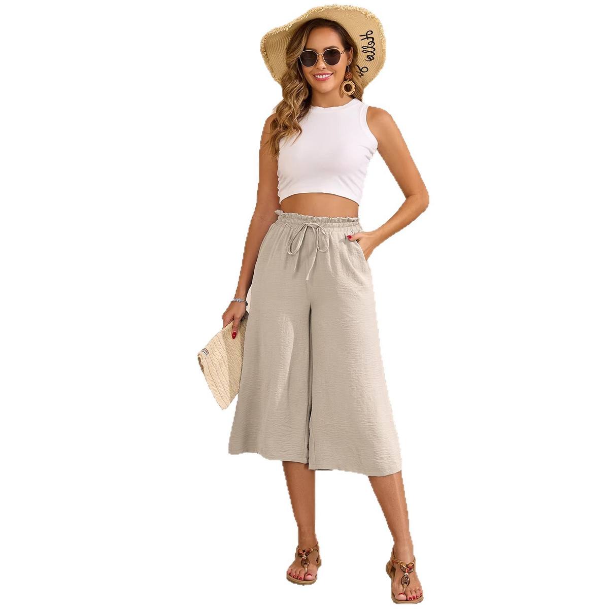 Women's Solid Color All-Match Elastic Cropped Pants Loose Wide-Leg Trousers