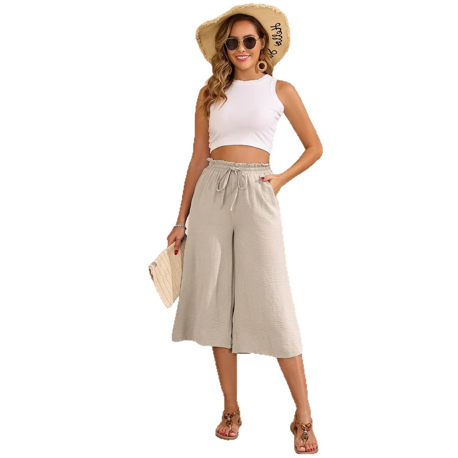 Women's Solid Color All-Match Elastic Cropped Pants Loose Wide-Leg Trousers