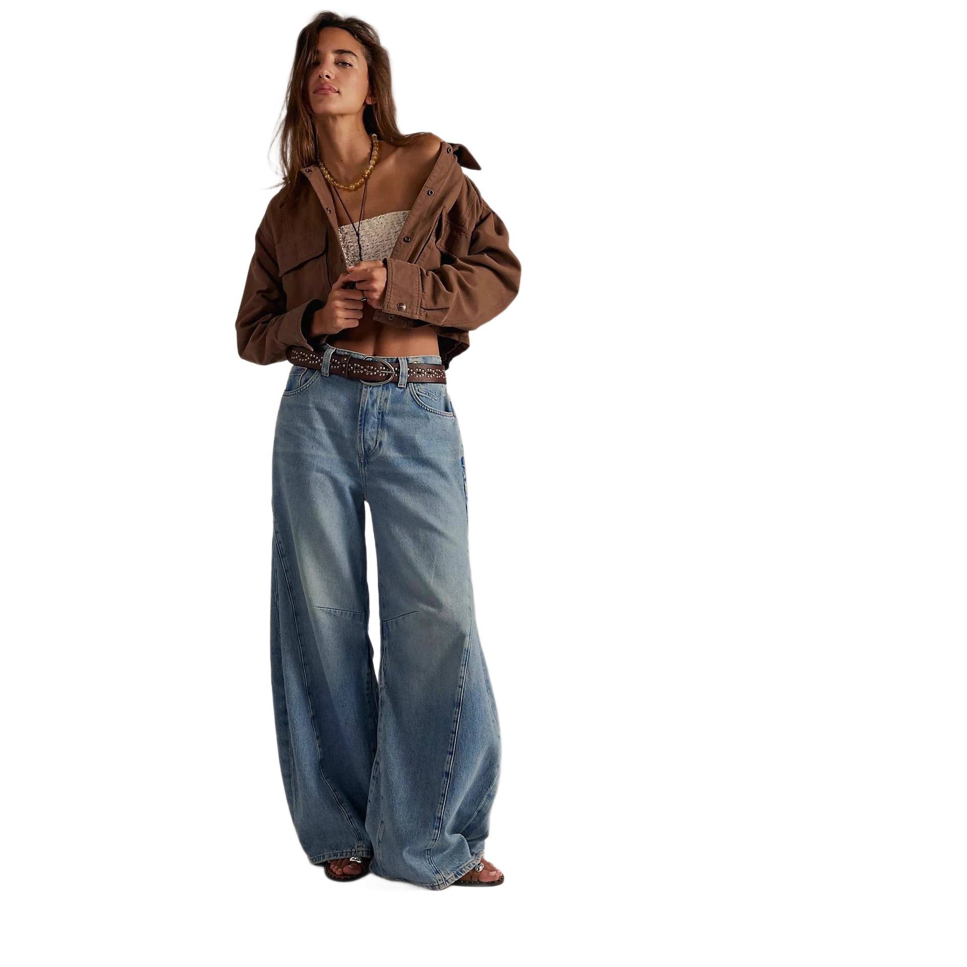 Early Autumn New Arrival Retro High-Waist Wide-Leg Denim Jeans Womens Loose-fit Designer Trousers