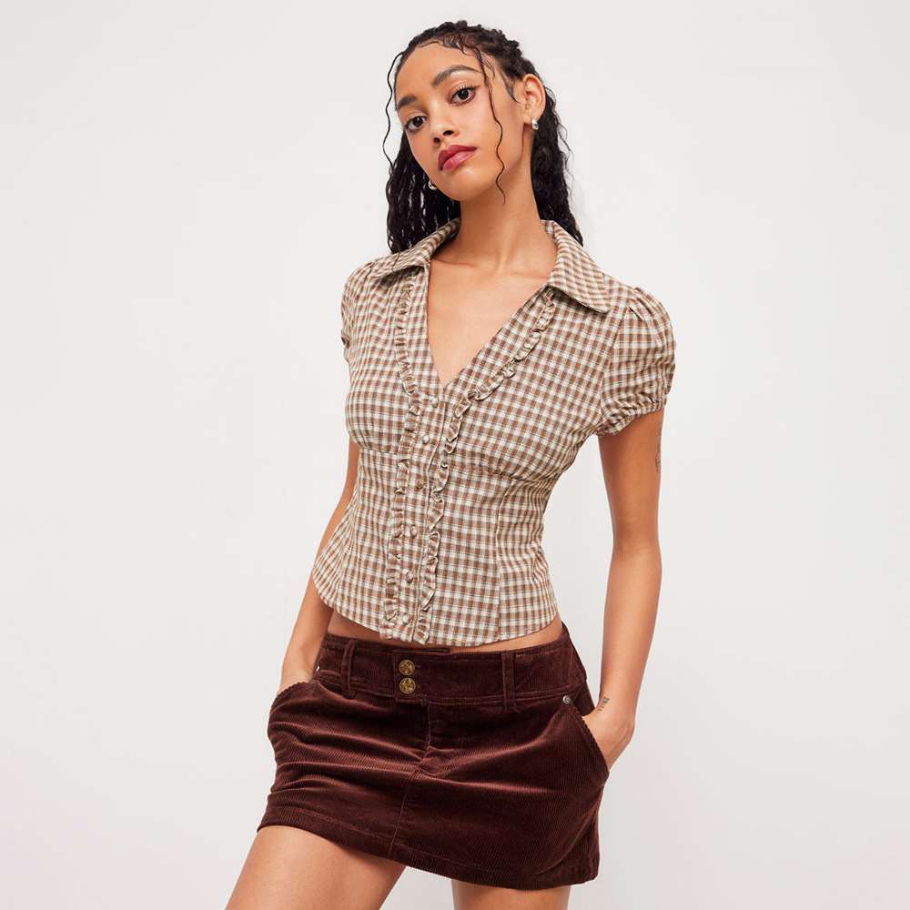 Women's Retro Plaid Lace-Up Small Lapel Shirt