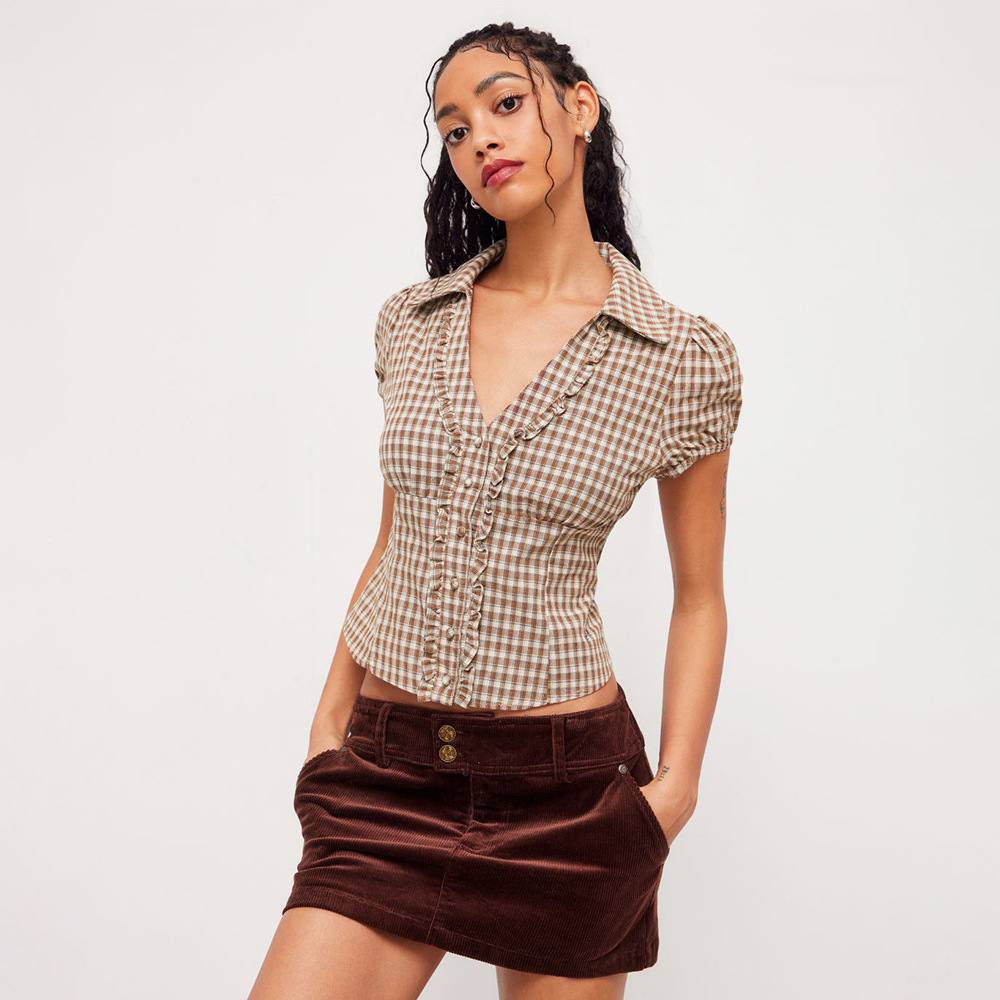 Women's Retro Plaid Lace-Up Small Lapel Shirt