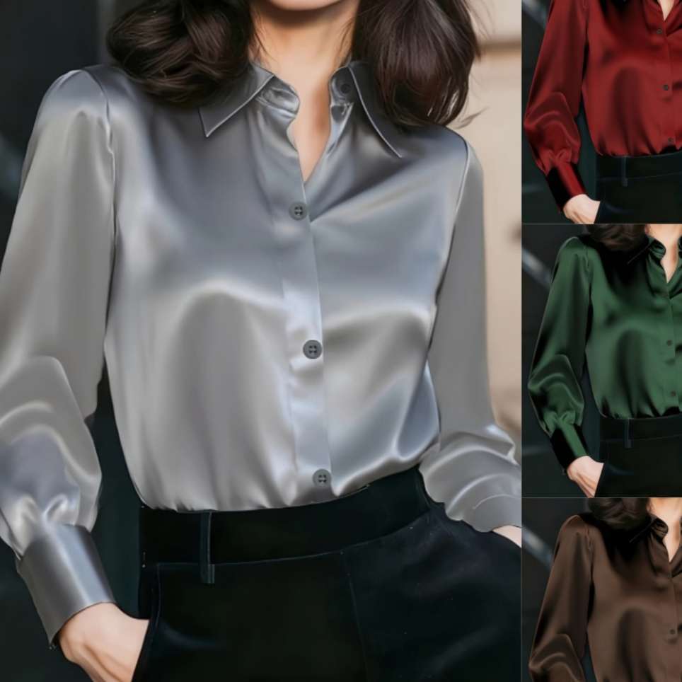 Solid-color Fashionable And Elegant Long-sleeve Button-down Womens Shirt