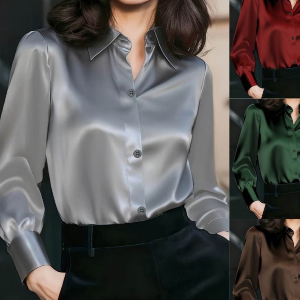 Solid-color Fashionable And Elegant Long-sleeve Button-down Womens Shirt