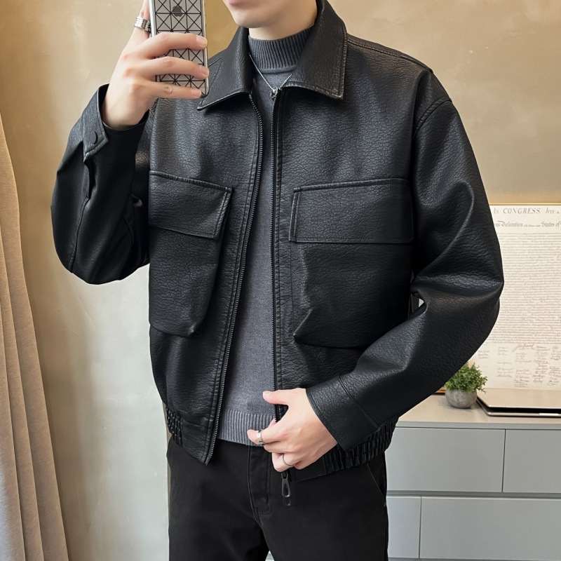 Mens American-style PU Leather Jacket With A Two-way Zipper